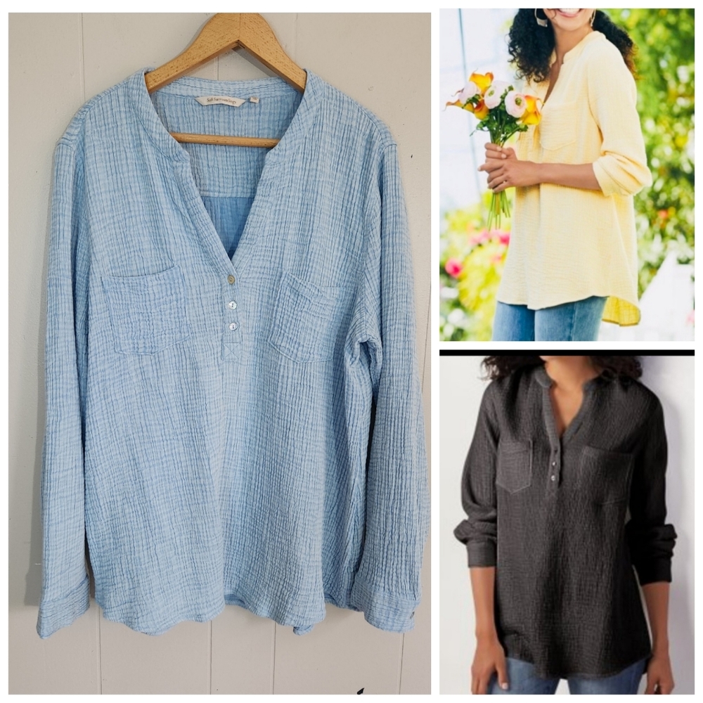 Soft Surroundings Elliana Pullover Top Gauze Crinkle blue XL